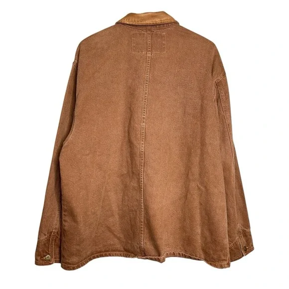 Vintage 90s Guess Workwear Jacket Mens L Brown Canvas Leather Collar Chore Coat - Picture 3 of 13